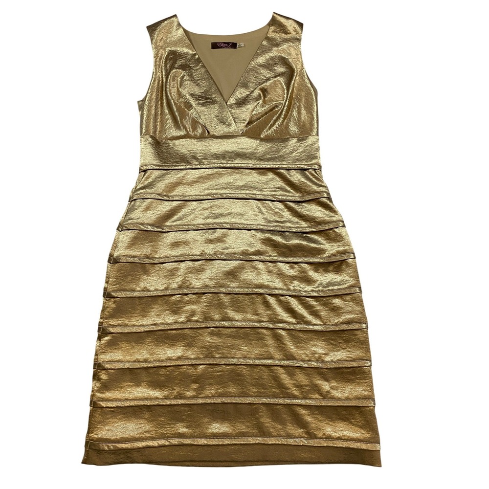 Eliza J Gold Metallic Tiered V‎ Neck Sleeveless Sheath Dress 8